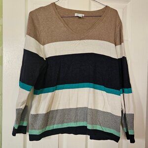 Croft & Barrow V-Neck Knit Tan White and Blue Striped Long Sleeved Sweater 1X